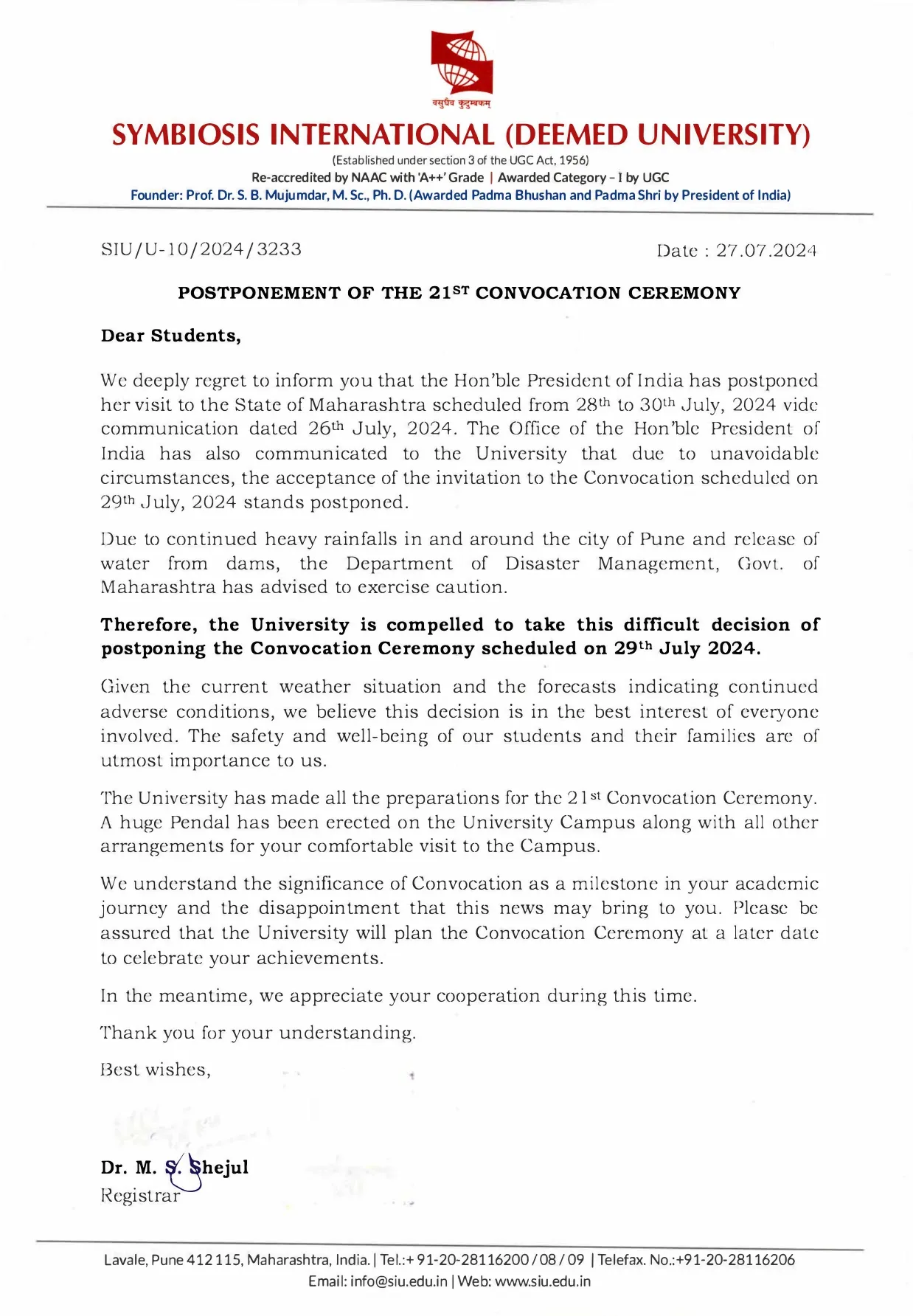 Postponement of the 21st Conovocation Ceremony Letter